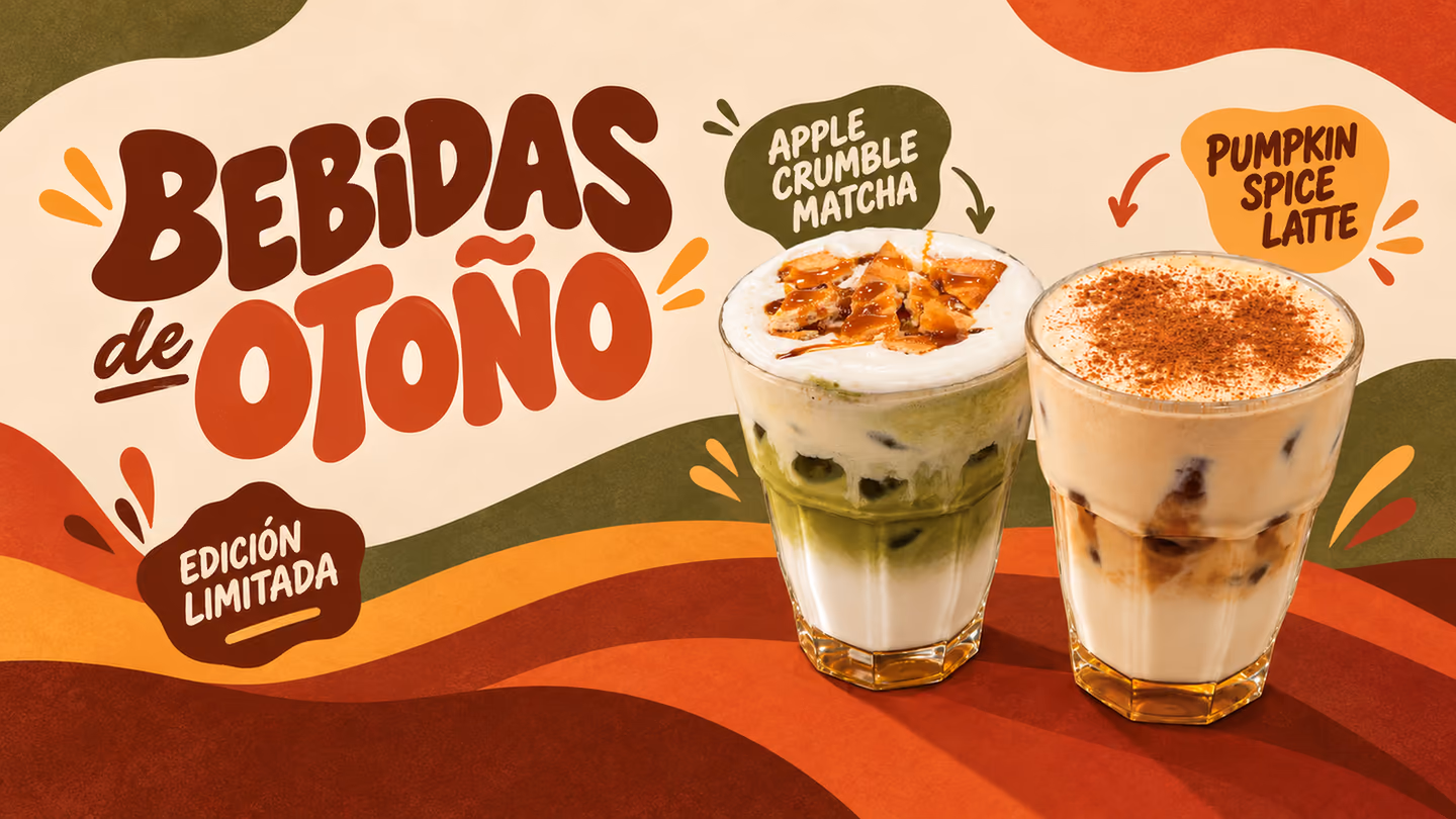 Cartel de las bebidas de otoño de BRIOXX: Apple Crumble Matcha y Pumpkin Spice Latte, edición limitada