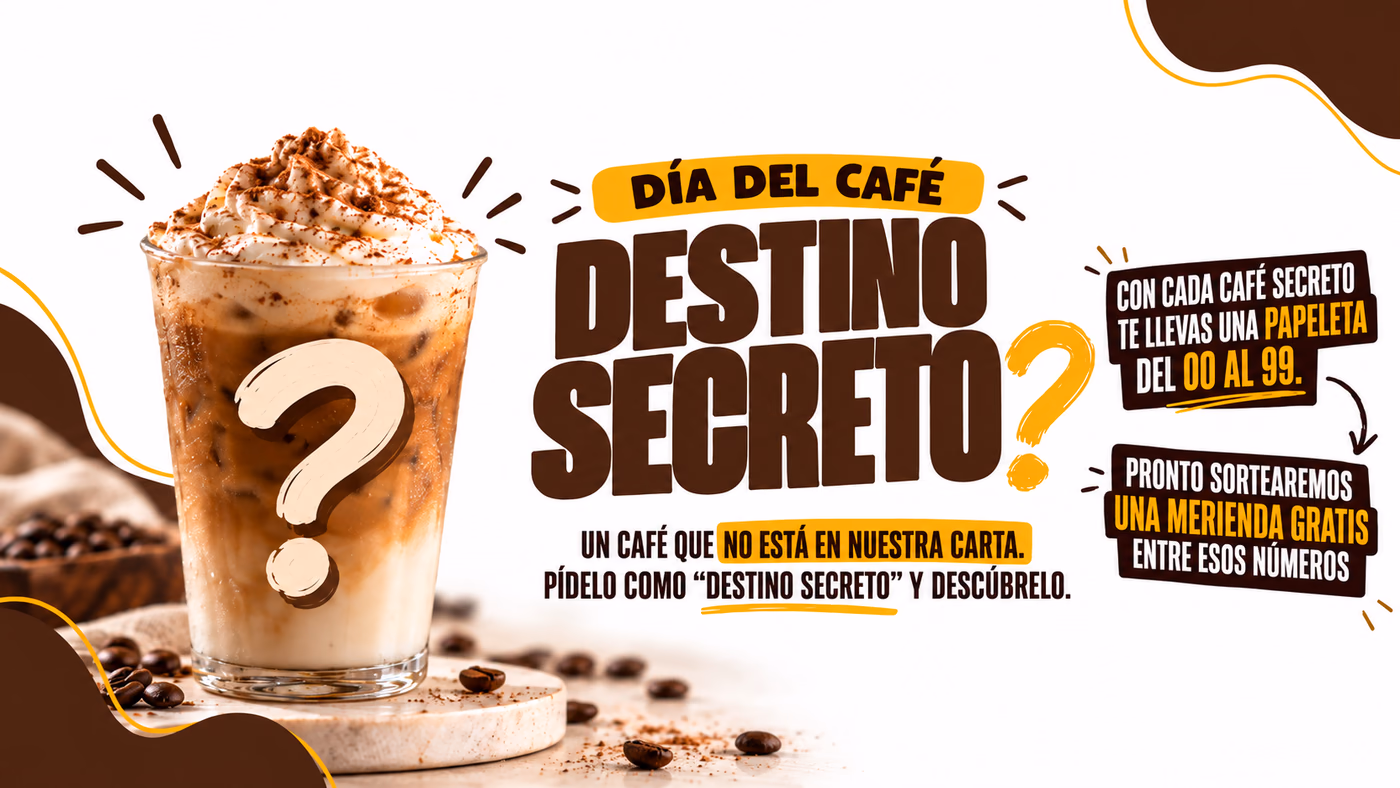 Cartel de Destino Secreto: café especial de BRIOXX por el Día del Café y sorteo de una merienda