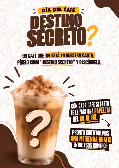 Cartel de Destino Secreto: café especial de BRIOXX por el Día del Café y sorteo de una merienda